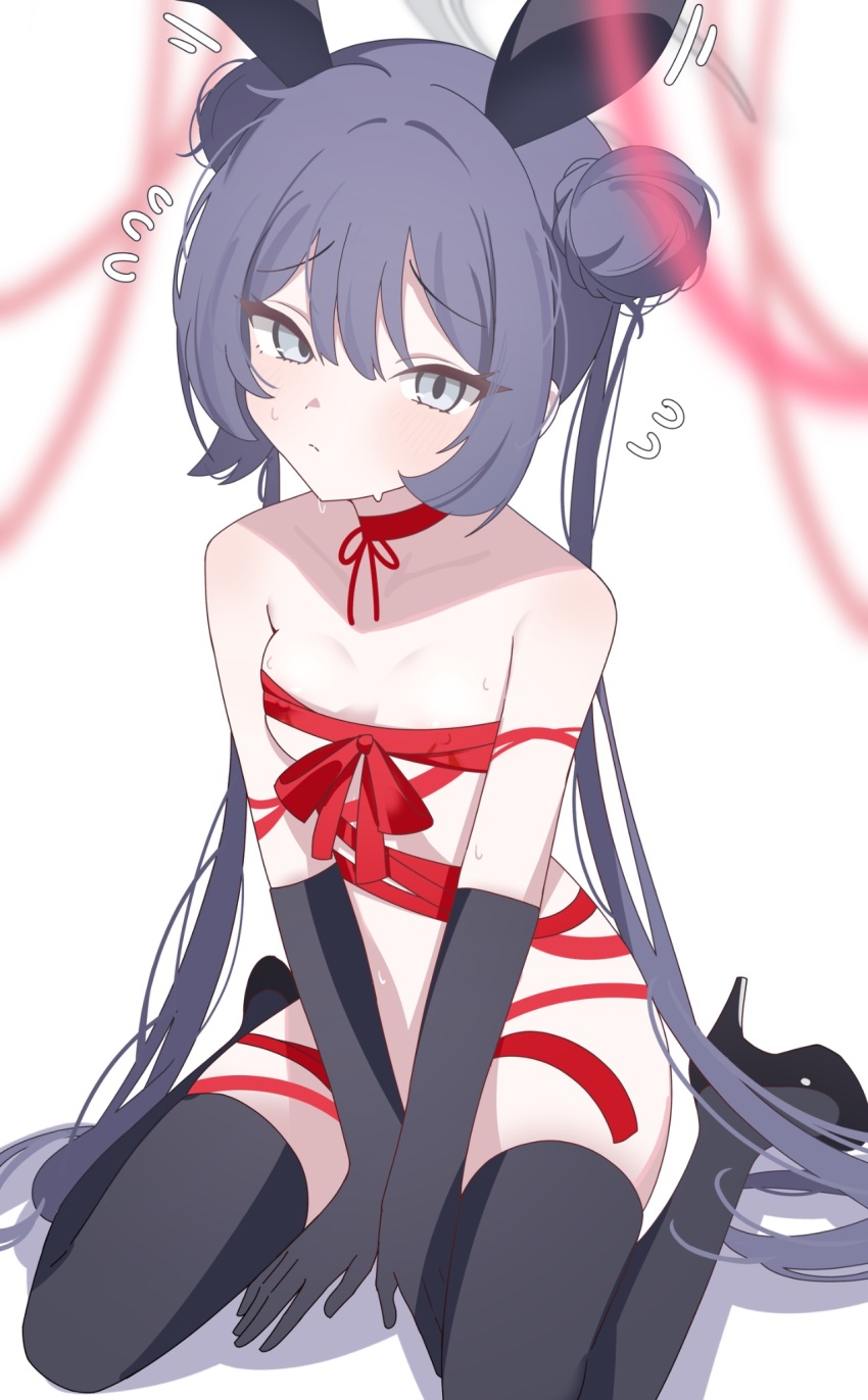 1girl animal_ears bdsm black_gloves black_hair black_shoes black_thighhighs blue_archive blush bondage bound breasts choker commentary double_bun elbow_gloves fake_animal_ears flying_sweatdrops gloves hair_between_eyes hair_bun hair_intakes hands_on_floor high_heels highres kanimiso30601 kisaki_(blue_archive) loli long_hair looking_at_viewer rabbit_ears red_choker red_ribbon ribbon ribbon_around_body ribbon_choker shoes sitting small_breasts solo sweatdrop thighhighs twintails very_long_hair wariza white_background