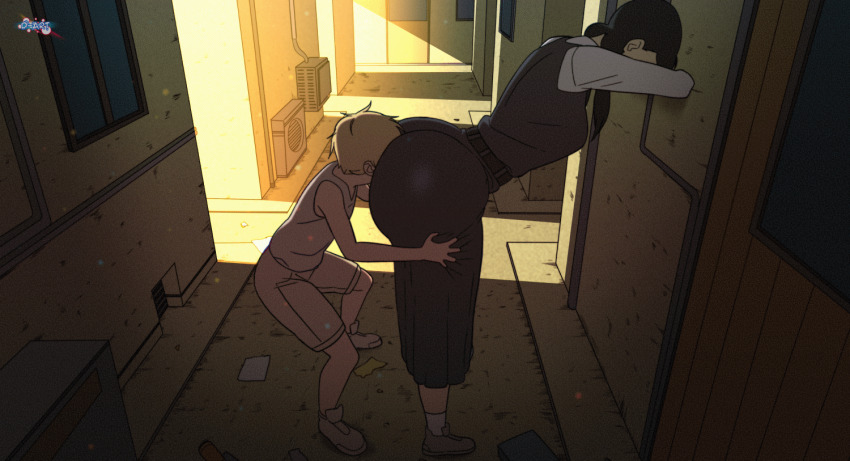 1boy 1girl age_difference animated animated_gif ass bent_over black_hair blonde_hair chainsaw_man d-art denji_(chainsaw_man) dress face_in_ass fourth_east_high_school_uniform huge_ass jiggle leg_grab legs licking mitaka_asa onee-shota outdoors pinafore_dress school_uniform shirt shoes shorts shota sleeveless sleeveless_dress thighs tongue tongue_out twintails