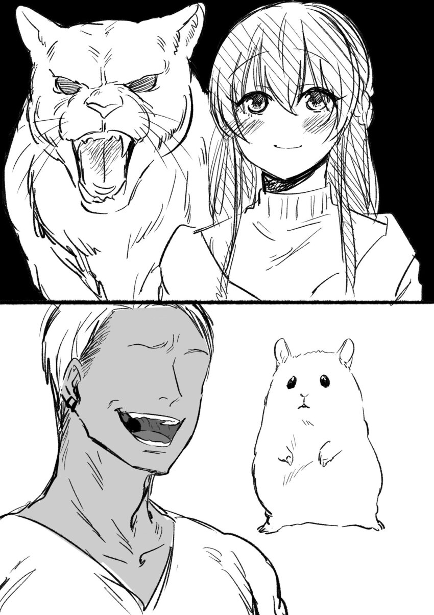 1boy 1girl animal blush braid closed_mouth commentary_request cougar crown_braid dark-skinned_male dark_skin eyebrows_hidden_by_hair fangs greyscale gyaruo hair_between_eyes hamster highres inuyoshi_akira jacket long_bangs long_hair monochrome no_eyes no_nose nose open_clothes open_jacket open_mouth raised_eyebrows role_reversal shirt sidelocks smile sweater teeth tongue turtleneck turtleneck_sweater v-neck whiskers