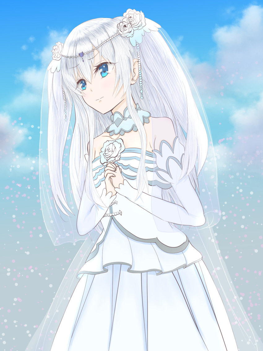 1girl absurdres blue_eyes bridal_veil bride celia_claire commentary_request detached_collar detached_sleeves dress gem grey_hair haion_runa hair_between_eyes highres layered_dress long_hair long_sidelocks off-shoulder_dress off_shoulder pearl_(gemstone) praying seirei_gensouki sidelocks two_side_up veil very_long_hair very_long_sidelocks wedding_dress worried