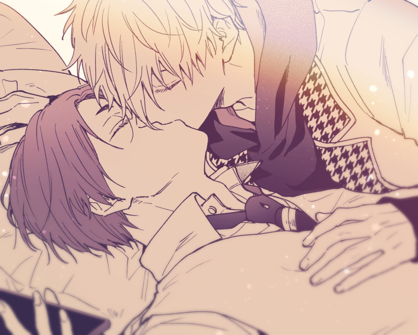 2boys black_hoodie blue_lock boy_on_top closed_eyes commentary_request frilled_pillow frills hakuho_high_school_uniform hand_on_another's_chest highres holding holding_phone hood hoodie kashiko_(coupy) kiss lying mikage_reo multiple_boys nagi_seishirou orange_light phone pillow school_uniform sunlight white_background yaoi