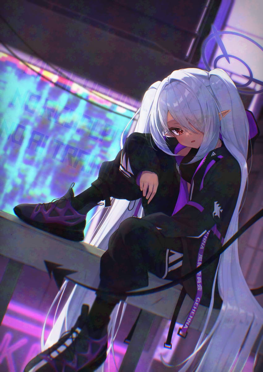 1girl adversarial_noise alternate_costume black_pants black_shoes blue_archive blue_kimono blush commentary cyberpunk dark-skinned_female dark_skin demon_girl demon_tail dutch_angle eyelashes eyes_visible_through_hair frown full_body gehenna_academy_logo grey_hair hair_intakes hair_over_one_eye hair_spread_out halo head_tilt highres hood hooded_jacket iori_(blue_archive) jacket japanese_clothes kimagurain kimono knee_up long_bangs long_hair long_sleeves looking_at_viewer open_mouth pants pointy_ears purple_halo red_eyes shoes sidelighting sitting slit_pupils solo tail twintails very_long_hair