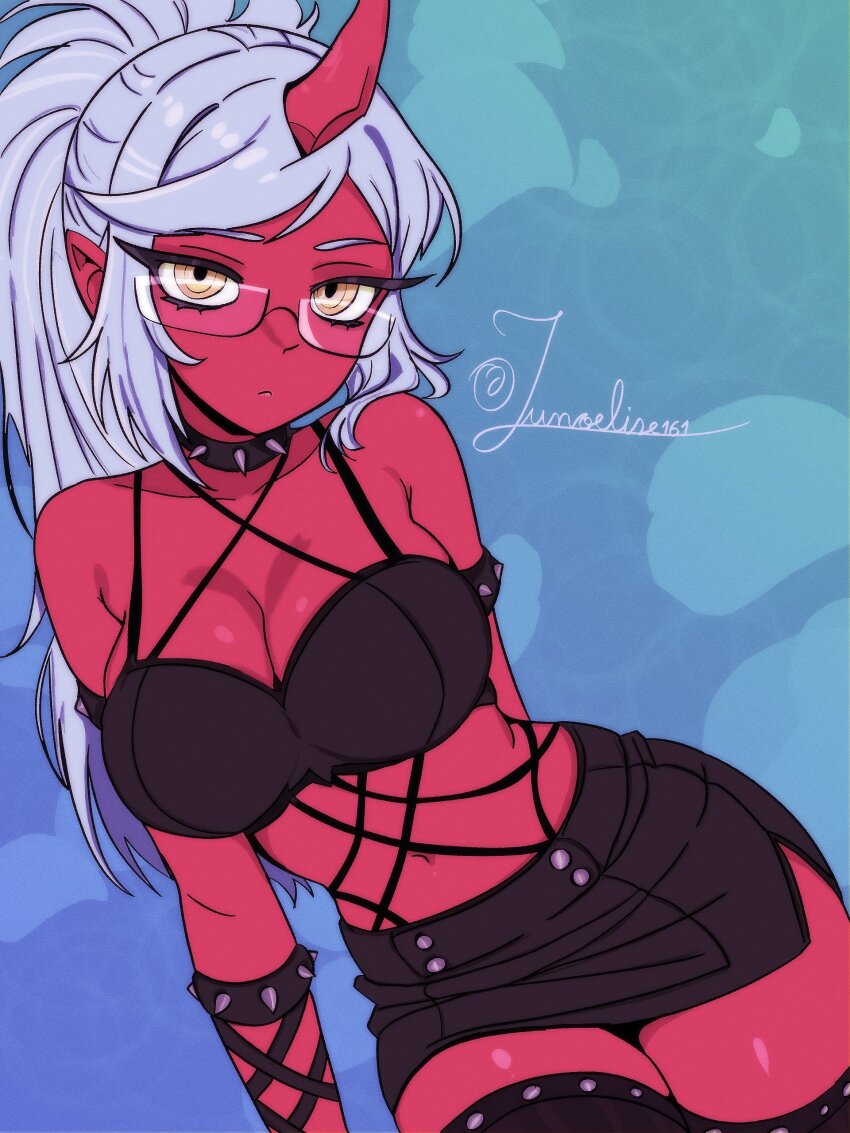 1girl absurdres bare_shoulders black_bra black_choker black_skirt blue_background blue_hair bra breasts choker cleavage closed_mouth colored_skin commentary cowboy_shot demon_girl demon_horns english_commentary glasses highres horns junoelise161 kneesocks_(psg) large_breasts long_hair looking_at_viewer miniskirt panty_&amp;_stocking_with_garterbelt red_skin side_slit single_horn skirt solo spiked_choker spikes swept_bangs underwear yellow_eyes