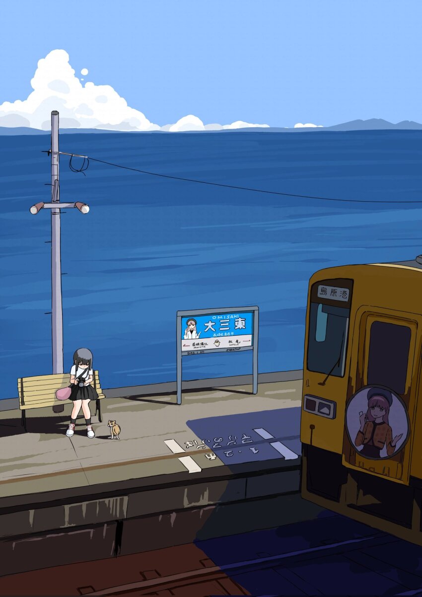 1girl blue_sky cloud commentary_request day highres horizon isonami_(kancolle) isonami_(photographer)_(kancolle) kantai_collection long_hair ocean ooi_(kancolle) outdoors power_lines scenery sign sitting sky solo toplow train utility_pole