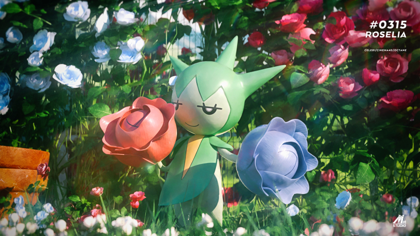 3d artist_name blue_flower blue_rose celebi350300687 character_name cinema_4d_(medium) closed_mouth commentary_request eyelashes flower gen_3_pokemon grass highres jitome nintendo outdoors pokedex_number pokemon pokemon_(creature) pokemon_focus red_flower red_rose rose rose_bush roselia_(pokemon) smile solo