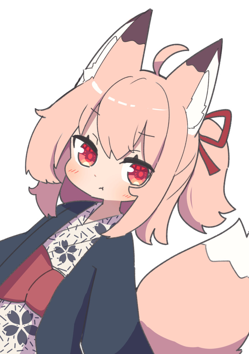 1girl :t absurdres ahoge animal_ear_fluff animal_ears blush closed_mouth commentary_request fox_ears fox_girl fox_tail hair_between_eyes hair_ribbon highres japanese_clothes kimono long_hair looking_at_viewer obi open_clothes original pink_hair ponytail red_eyes red_ribbon ribbon saisoku_no_yukkuri sash simple_background solo tail white_background white_kimono