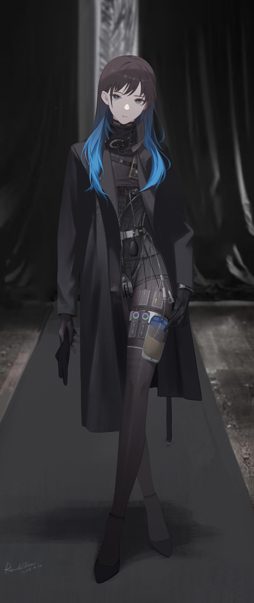 1girl absurdres black_coat black_gloves black_pantyhose blue_eyes blue_hair brown_hair chastity_belt chinese_commentary coat commentary commentary_request english_commentary full_body gag gag_around_neck gloves gradient_hair highres long_hair looking_at_viewer mixed-language_commentary multicolored_hair open_clothes open_coat original pantyhose parted_lips remote_control_vibrator roundschen sex_toy solo thigh_strap unworn_gag vibrator