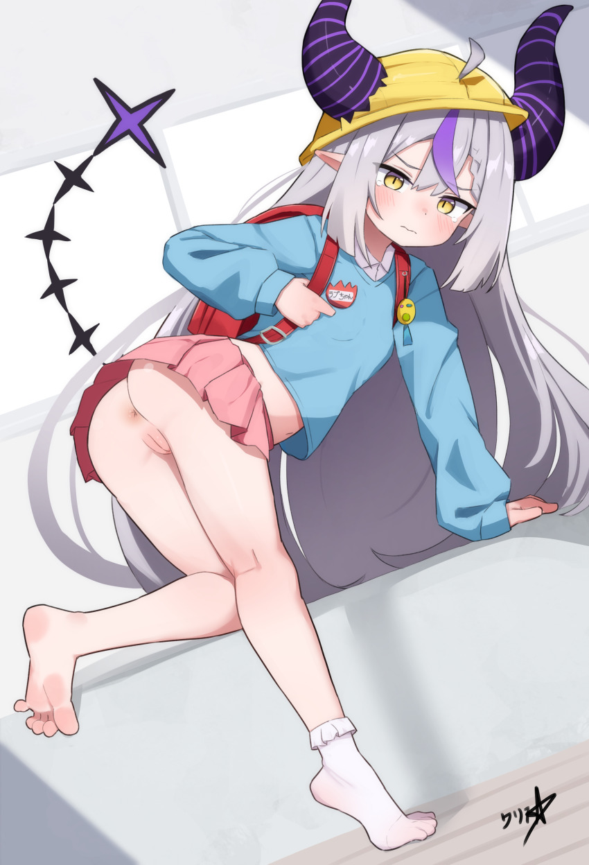 1girl absurdres ahoge alternate_costume anus ass backpack bag barefoot bent_over black_horns blush boppin braid cleft_of_venus closed_mouth crime_prevention_buzzer demon_girl demon_horns feet full_body grey_hair hat highres hololive horns kindergarten_uniform la+_darknesss legs loli long_hair long_sleeves looking_at_viewer miniskirt multicolored_hair no_panties no_shoes pink_skirt pleated_skirt pointy_ears purple_hair pussy randoseru school_hat shirt single_sock skirt slit_pupils socks soles solo streaked_hair striped_horns tail toes uncensored very_long_hair virtual_youtuber white_socks yellow_eyes