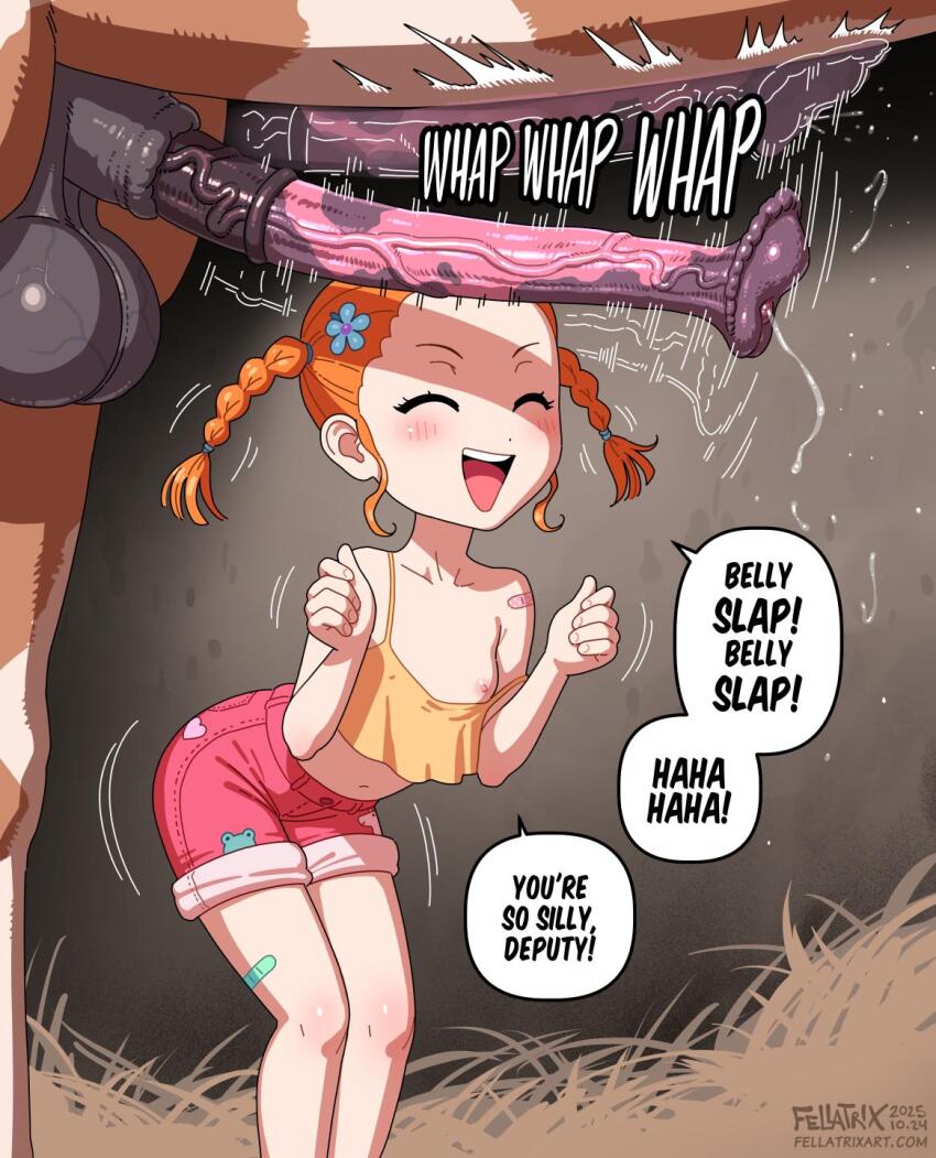 1boy 1girl animal_penis artist_name bandaid bandaid_on_shoulder bandaid_on_thigh bestiality closed_eyes commentary crop_top dated deputy_(fellatrix) english_commentary english_text fellatrix highres horse_penis loli nipples open_mouth orange_eyes orange_tank_top original penis pink_shorts sarge_(fellatrix) short_twintails shorts sound_effects speech_bubble suzieq_(fellatrix) tank_top teeth testicles twintails upper_teeth_only veins veiny_penis watermark web_address