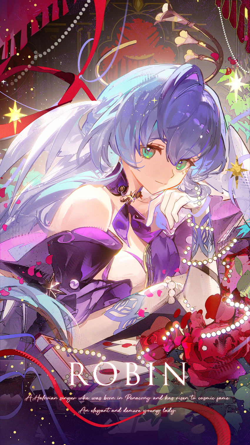 1girl bare_shoulders blue_hair bracelet character_name closed_mouth detached_sleeves dress english_text face_jewel gloves green_eyes hair_between_eyes halo hand_up head_wings highres honkai:_star_rail honkai_(series) jewel_under_eye jewelry long_hair looking_at_viewer moehikaru purple_dress robin_(honkai:_star_rail) short_sleeves smile solo two-tone_dress white_dress white_gloves white_wings wings