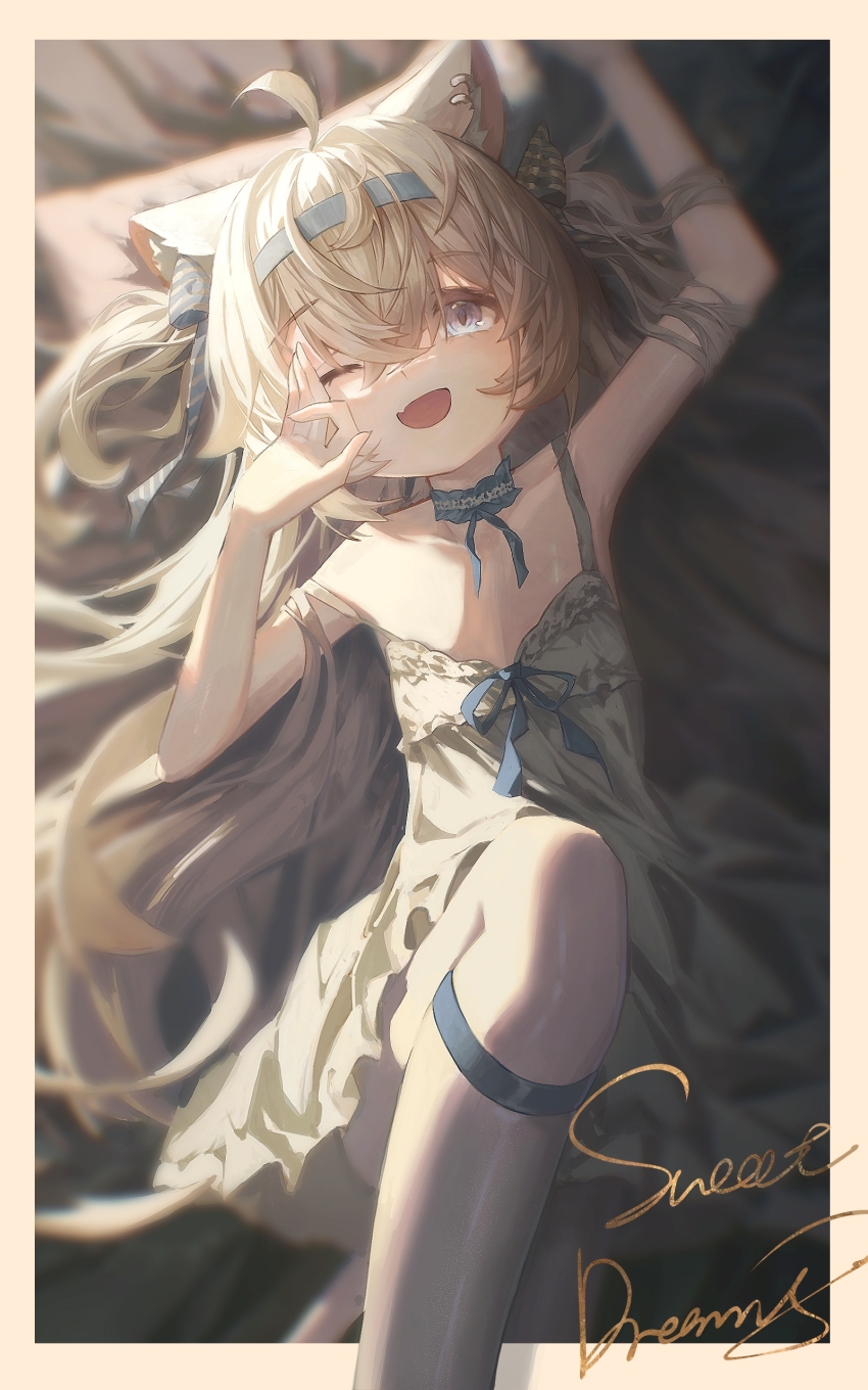 1girl absurdres ahoge animal_ear_fluff animal_ear_piercing animal_ears arm_up blue_choker blue_eyes blue_ribbon choker commentary_request crossed_bangs drawer_bushi_huajia fang flat_chest grey_hair hair_between_eyes hair_ribbon head_on_pillow headband highres long_hair lying on_back on_bed one_eye_closed open_mouth original outside_border pillow ribbon short_twintails sleepwear smile socks solo twintails white_socks wolf_ears wolf_girl