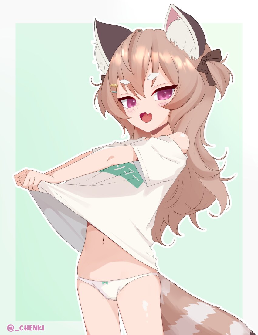 1girl absurdres animal_ears bow brown_hair chenki_(chenki) clothes_lift fang highres komachi_panko lifting_own_clothes loli long_hair navel no_pants open_mouth panties phase_connect shirt shirt_lift smile solo tail underwear virtual_youtuber white_panties white_shirt