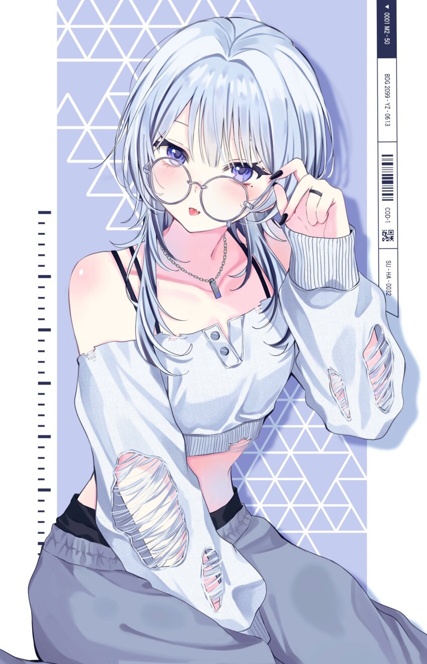 1girl absurdres bare_shoulders black_nails blue_eyes collarbone commentary cropped_shirt glasses grey_hair grey_pants highres jewelry medium_hair midriff necklace nekotora_(nekotora0116) off-shoulder_shirt off_shoulder original pants ring round_eyewear shirt symbol-only_commentary torn_clothes torn_sleeves white_shirt