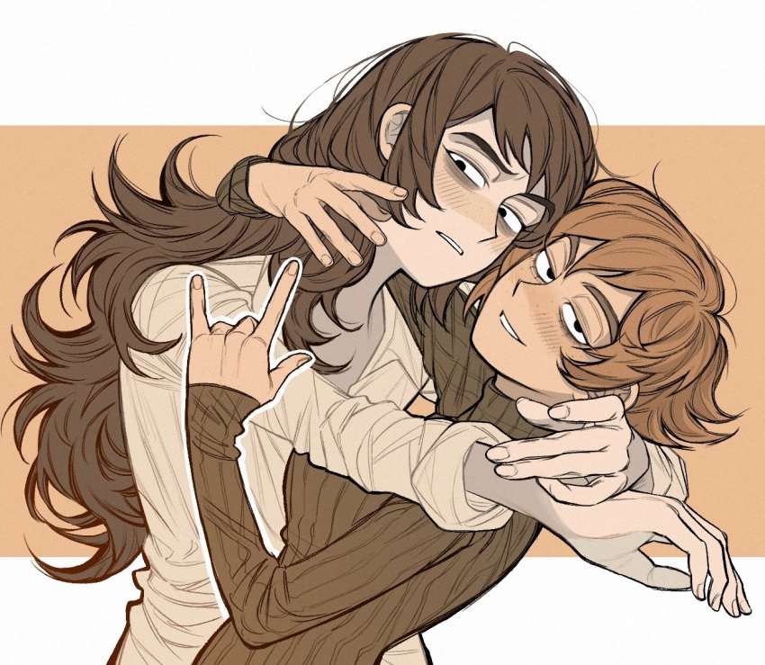 1boy 1girl \m/ abaddon_(haunted_hotel) aged_up black_eyes brown_hair brown_sweater commentary english_commentary esther_freeling haunted_hotel hug lifeisassholee long_hair looking_at_viewer orange_background orange_hair shirt short_hair sweater turtleneck turtleneck_sweater upper_body