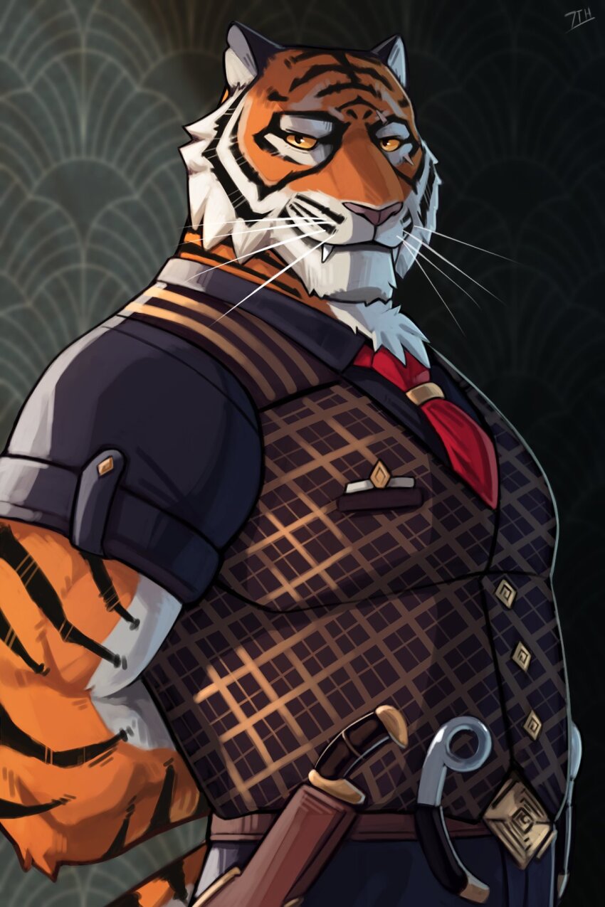 1boy 7th_art_forge animal_ears arms_behind_back bara belt fangs fortnite furry furry_male highres knife large_pectorals looking_at_viewer male_focus mature_male muscular muscular_male necktie orange_fur oscar_(fortnite) pants pectorals red_necktie shirt solo tail thick_eyebrows tiger_boy tiger_ears tiger_stripes tiger_tail upper_body vest weapon whiskers white_fur wrench