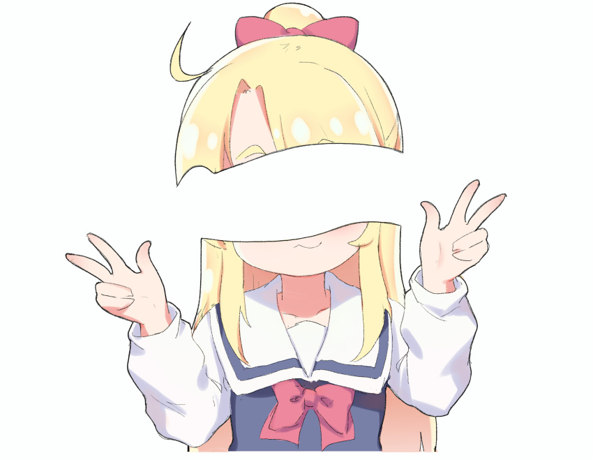 1girl ahoge blank_censor blonde_hair blue_dress bow censored closed_mouth commentary covered_eyes cropped_torso double_w dress english_commentary facing_viewer hair_bow hands_up highres himesaka_noa loli long_hair penis penis_on_face penis_over_eyes pinafore_dress qkracho_(thesdroz) red_bow sailor_collar sailor_dress school_uniform shirt simple_background sleeveless sleeveless_dress upper_body w watashi_ni_tenshi_ga_maiorita! white_background white_sailor_collar white_shirt