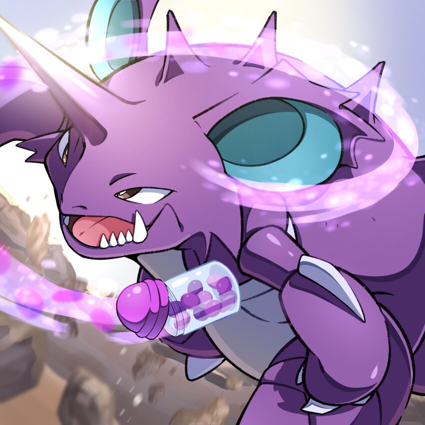 absurdres blurry bright_pupils brown_eyes claws commentary_request day fangs gen_1_pokemon glowing highres horn_drill_(pokemon) horns jar nidoking nintendo no_humans open_mouth outdoors pokemon pokemon_(creature) pon_yui rock single_horn solo spikes tongue white_pupils x_accuracy