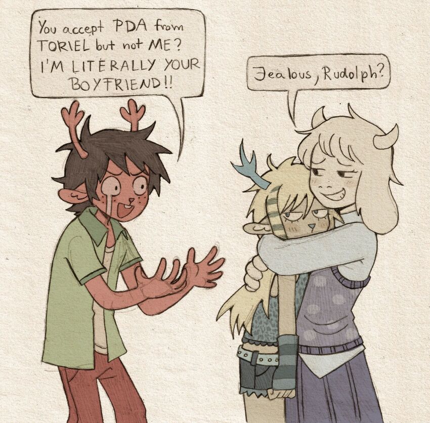 1boy 2girls :d aged_down animal_ears antlers arm_warmers arms_around_neck black_eyes blonde_hair blue_eyes blue_shirt blue_shorts blue_skirt blue_streaks blue_sweater_vest brown_hair brown_pants carol_holiday colored_pencil_(medium) commentary crying deer_antlers deer_boy deer_ears deer_girl deltarune denim denim_shorts english_commentary english_text furry furry_female furry_male goat_ears goat_girl goat_horns graphite_(medium) green_jacket highres horns hug jacket long_hair medium_hair midriff multicolored_hair multiple_girls open_clothes open_jacket open_mouth pants pleated_skirt raccoon_tails_(hairstyle) rudolph_holiday shirt shorts skirt sleeveless sleeveless_shirt smile smirk speech_bubble streaked_hair streaming_tears striped_arm_warmers sweater_vest szivarvanyturmix02 tears toriel traditional_media two-tone_hair utdr_(toby_fox) white_fur white_hair white_shirt