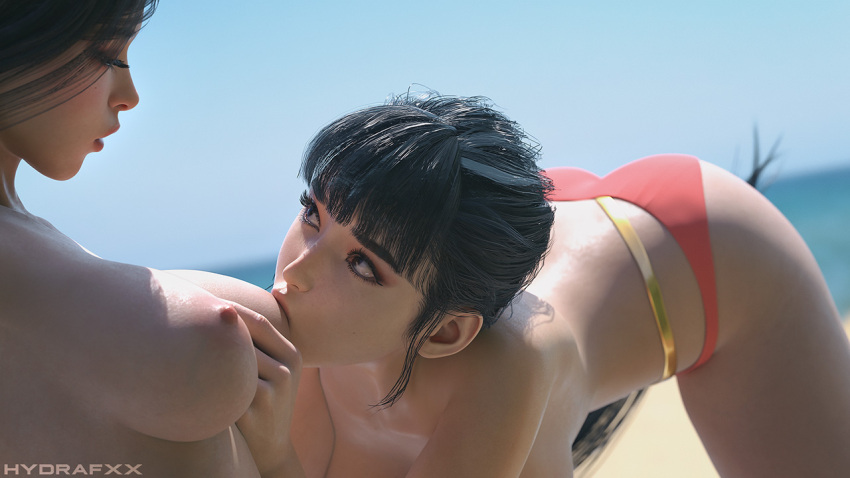 2girls 3d ass beach bikini bikini_bottom_only black_hair breast_sucking breasts brown_eyes eve_(stellar_blade) grabbing_another's_breast groping hydrafxx large_breasts long_hair looking_at_another multiple_girls open_mouth orange_bikini ponytail raven_(stellar_blade) sex shift_up stellar_blade swimsuit thighs uncensored very_long_hair water yuri