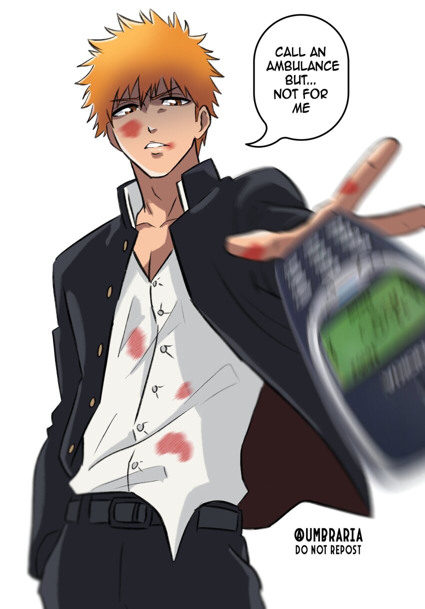 1boy belt black_pants bleach blood blood_on_clothes blood_on_face brown_eyes collared_shirt commentary delinquent english_commentary english_text gakuran grey_belt hand_in_pocket highres kurosaki_ichigo looking_at_viewer male_focus nokia_3310 orange_hair pants school_uniform shirt shirt_tucked_in short_hair simple_background solo speech_bubble spiked_hair teeth throwing twitter_username umbra_(edits_umbra) white_background white_shirt