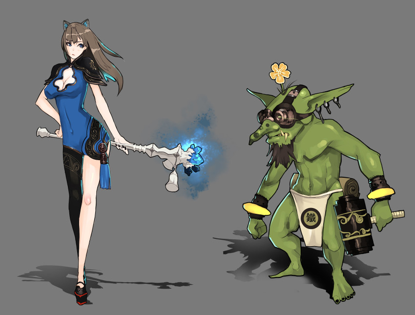 1girl animal_ears blue_eyes blush breasts cleavage dress eederbeck goblin goblin_male highres large_breasts bad_tag long_hair original shoes