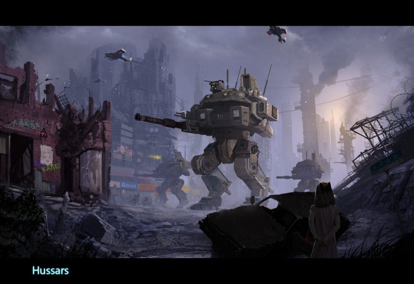 1girl aircraft building car command_&amp;_conquer command_&amp;_conquer:_tiberian_sun flower glass grass highres letterboxed mecha motor_vehicle road_sign robot rose ruins science_fiction sign smoke smoking solaris_(xorn) tree walker_(robot)