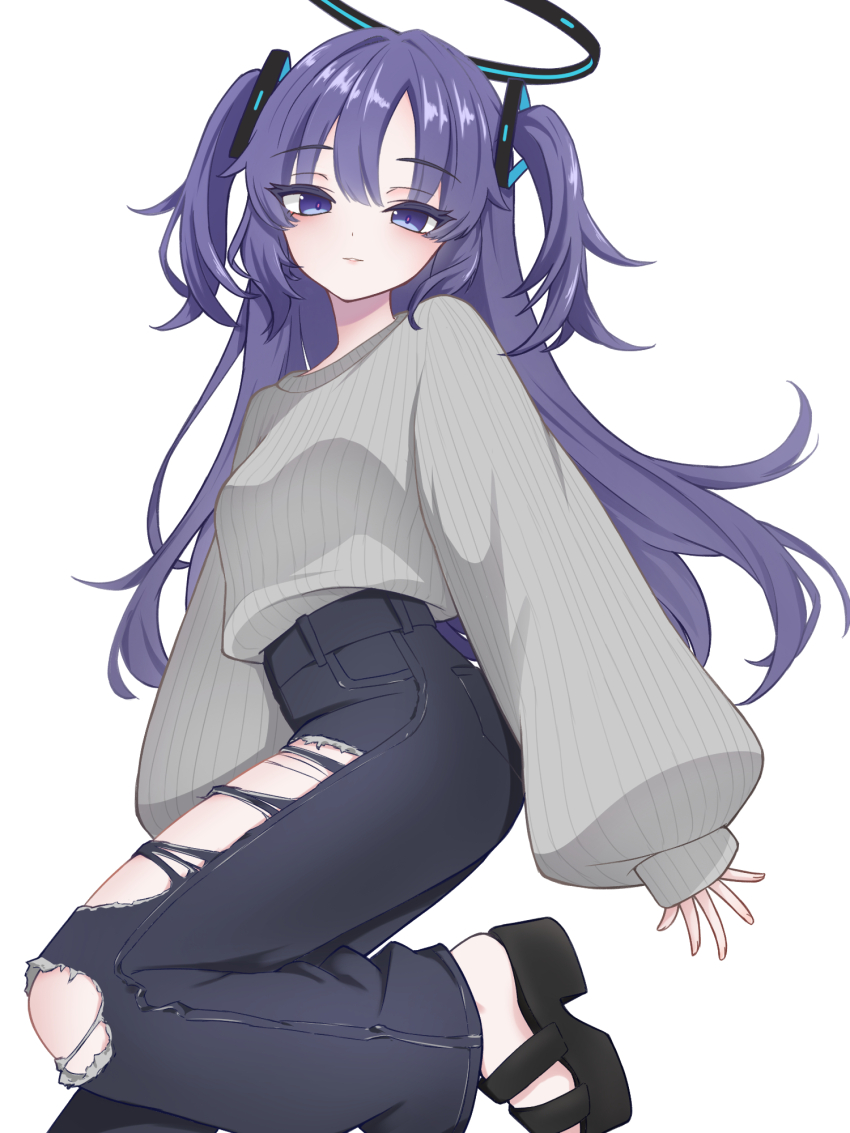1girl black_halo blue_archive check_commentary commentary commentary_request denim feet hair_intakes hair_ornament halo highres hncstk jeans leg_up long_hair looking_at_viewer mechanical_halo oversized_clothes pants parted_lips pink_pupils platform_sandals purple_eyes purple_hair raised_eyebrows sandals sidelocks simple_background single_sleeve_past_wrist solo sweater sweater_tucked_in torn_clothes torn_jeans torn_pants triangle_hair_ornament two_side_up white_background yuuka_(blue_archive)