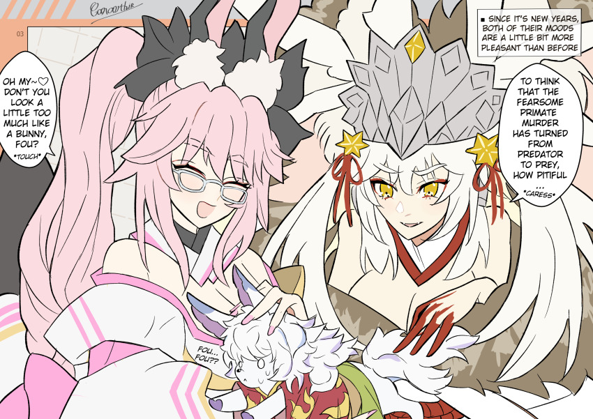 2girls animal_ears bare_shoulders breasts caravthir cleavage closed_eyes colored_extremities commentary english_commentary english_text fangs fate/grand_order fate_(series) fou_(fate) fox_ears glasses highres koyanskaya_(assassin)_(third_ascension)_(fate) koyanskaya_(fate) koyanskaya_(lostbelt_beast:iv)_(fate) large_breasts multiple_girls open_mouth parted_lips pink_hair rabbit_ears signature speech_bubble twintails white_hair