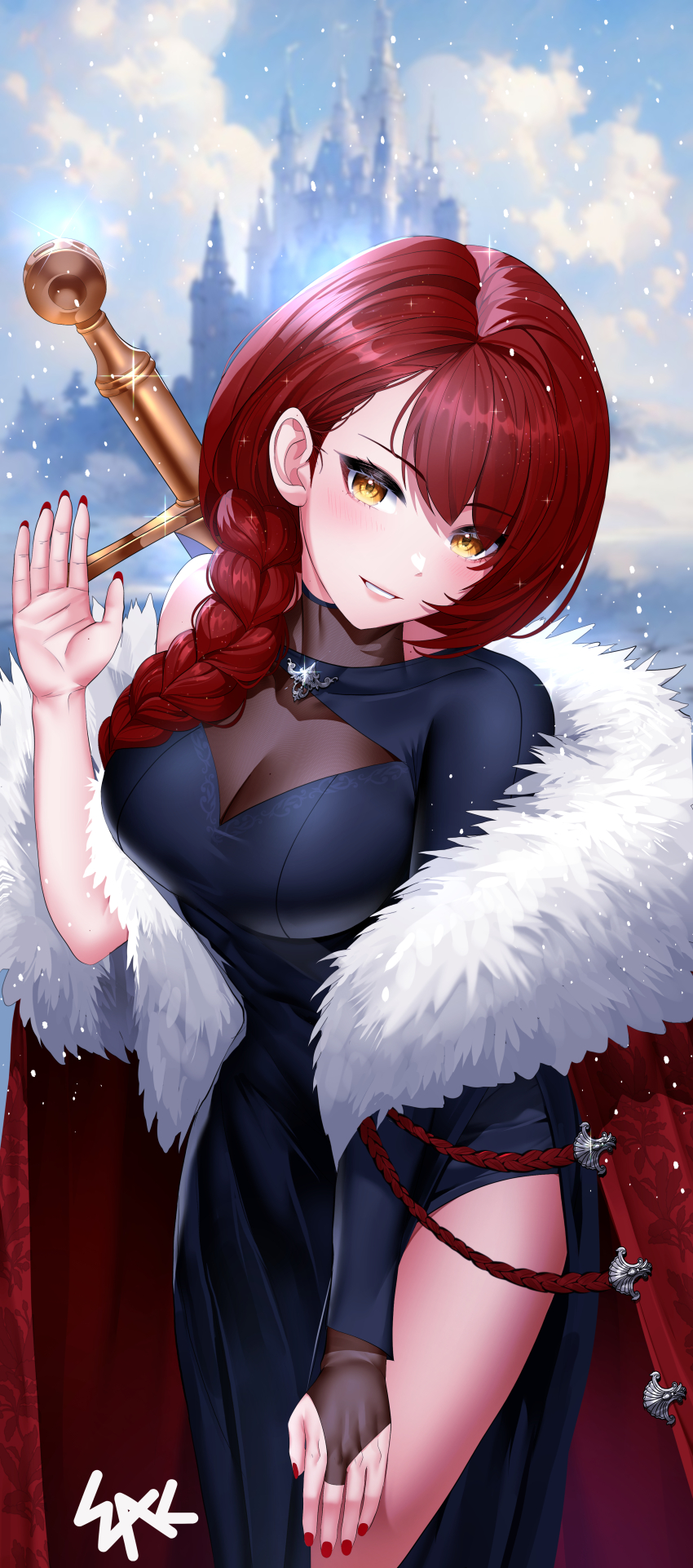 1girl absurdres black_dress braid breasts bridal_gauntlets cape castle castle_knight_charlotte cleavage cloak clothing_cutout cloud dress fur-trimmed_cloak fur_trim grin hair_over_shoulder hand_on_own_thigh hand_up highres korean_commentary large_breasts logo long_hair long_sleeves looking_at_viewer making-of_available nail_polish parted_lips red_cape red_hair red_nails see-through_cleavage see-through_clothes side_slit single_braid single_sleeve smile solo sword virtual_youtuber waktaverse weapon yellow_eyes yeon_do_e