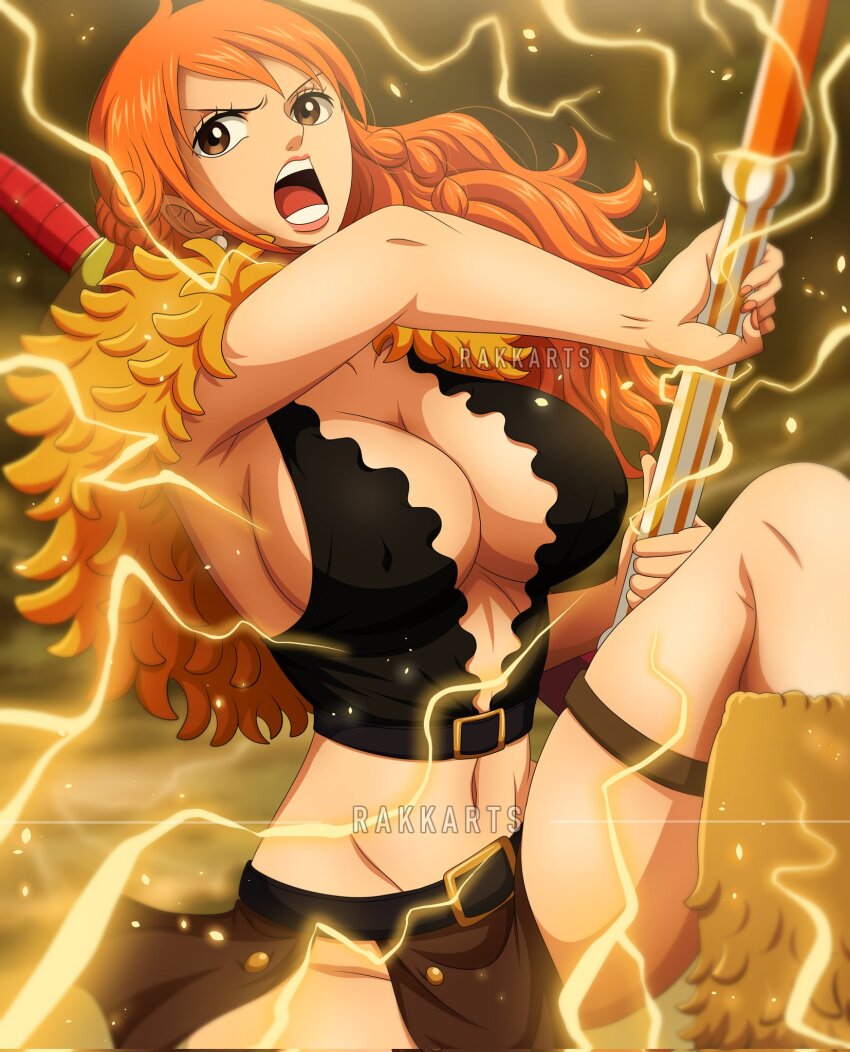 1girl armpit_crease belt_buckle braid braided_sidelock breasts brown_eyes brown_loincloth buckle capelet cleavage clima-tact commentary crop_top electricity english_commentary feet_out_of_frame fighting_stance fur_capelet highres holding holding_staff large_breasts leg_up leg_warmers long_hair midriff nami_(one_piece) navel official_alternate_costume official_alternate_hairstyle one_piece open_mouth orange_hair paid_reward_available rakara11_(rakkarts) single_sidelock solo staff sword sword_on_back wavy_hair weapon weapon_on_back yellow_capelet