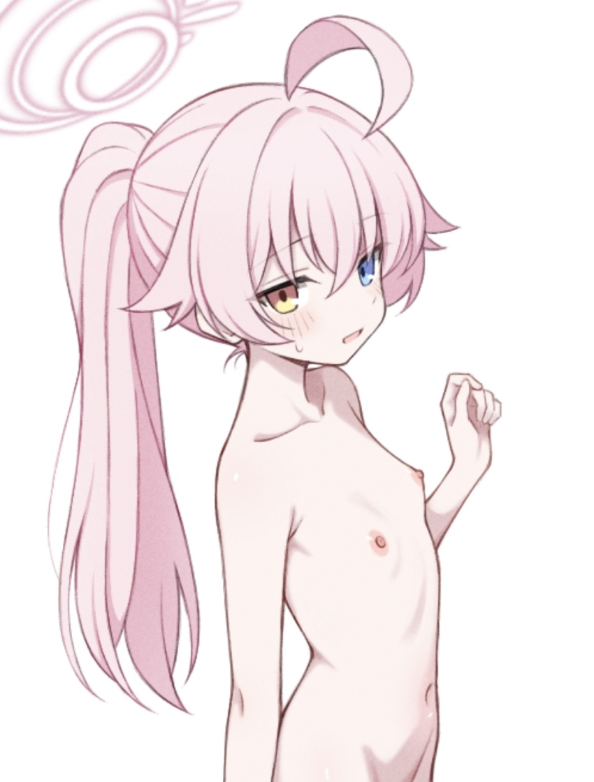 1girl ahoge arm_at_side blue_archive blue_eyes blush collarbone curled_fingers flat_chest groin hair_between_eyes halo hand_up heterochromia highres hoshino_(blue_archive) loli long_hair looking_at_viewer looking_to_the_side navel nipples nude open_mouth out-of-frame_censoring pink_hair pink_halo ponytail sidelocks simple_background solo suiran_(suiran0111) sweatdrop upper_body white_background yellow_eyes