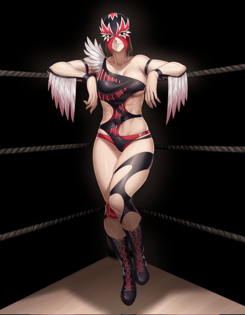1girl abs alternate_costume asymmetrical_clothes asymmetrical_legwear black_boots boots breasts brown_eyes brown_hair collarbone commentary commission corner english_commentary feather_trim full_body hanny_(uirusu_chan) highres jaycee_(tekken) julia_chang knee_pads lace-up_boots large_breasts looking_at_viewer luchador luchador_mask mask muscular muscular_female navel redesign short_hair single_knee_pad single_thighhigh smirk solo standing tekken tekken_tag_tournament_2 thighhighs torn_clothes torn_thighhighs underboob wrestler wrestling_mask wrestling_outfit wrestling_ring