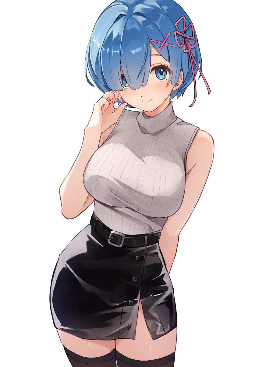 1girl absurdres alternate_costume b1ack_illust black_skirt black_thighhighs blue_eyes blue_hair breasts closed_mouth commentary_request hair_ornament hair_ribbon highres large_breasts looking_at_viewer pink_ribbon re:zero_kara_hajimeru_isekai_seikatsu rem_(re:zero) ribbon short_hair simple_background skirt sleeveless sleeveless_sweater smile solo sweater thighhighs thighs white_background white_sweater x_hair_ornament zettai_ryouiki