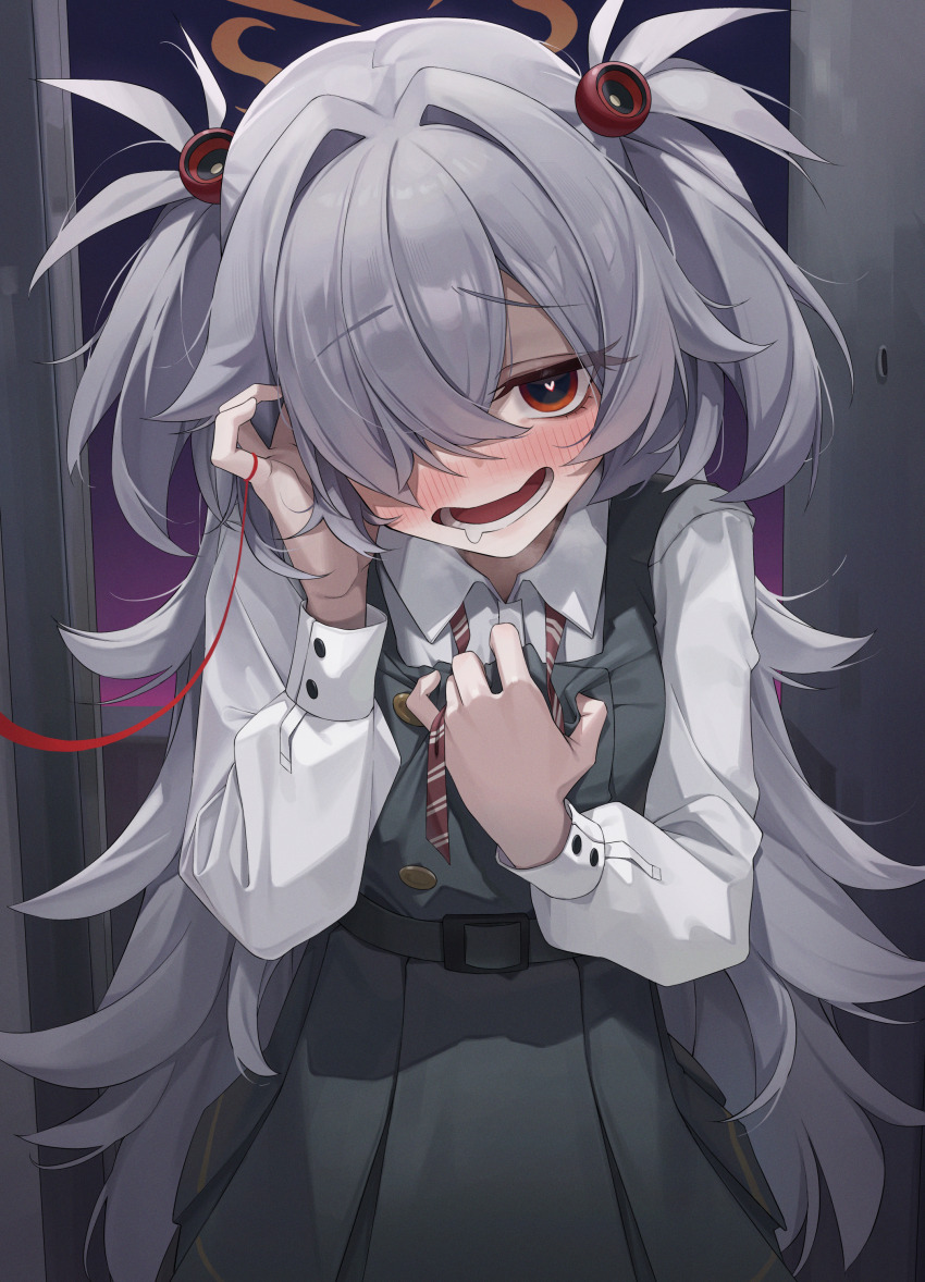 1girl absurdres blue_archive blush bow bowtie brown_eyes brown_halo collared_shirt commentary diagonal-striped_ribbon doorway dress drooling eyeball_hair_ornament green_dress grey_hair hair_over_one_eye halo hand_in_own_hair hand_on_own_chest heart heart-shaped_pupils highres kanoe_(blue_archive) long_hair long_sleeves looking_at_viewer mouth_drool open_door open_mouth pinafore_dress shirt sleeveless sleeveless_dress solo string string_around_finger string_of_fate symbol-only_commentary symbol-shaped_pupils two_side_up um_111 undone_bowtie upper_body very_long_hair white_shirt