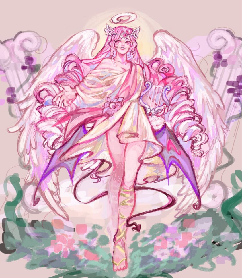 1girl ancient_greek_clothes angel angel_wings colored_skin commentary cookie_run cookie_run:_kingdom demon_girl demon_tail demon_wings dress drill_hair english_commentary eternal_sugar_cookie greco-roman_clothes halo harp highres instrument long_hair nivkx61462 pink_eyes pink_hair pink_skin solo tail white_dress wings