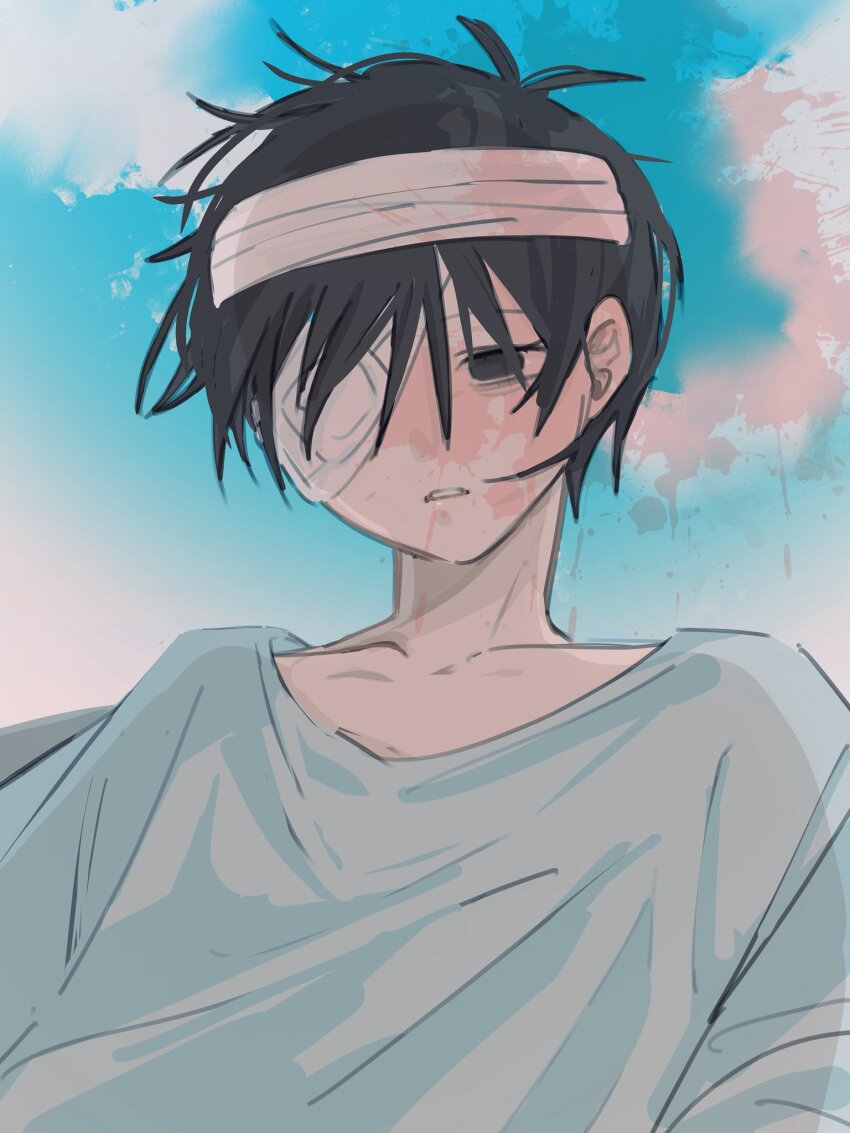 1boy antenna_hair arms_at_sides bags_under_eyes bandage_over_one_eye bandaged_head bandages black_eyes black_hair blood blood_from_mouth blood_splatter blue_shirt blue_sky cloud collarbone danmuji_07 day empty_eyes hair_behind_ear hair_between_eyes hashtag-only_commentary highres hospital_gown looking_down male_focus no_pupils official_alternate_costume omori one_eye_covered outdoors parted_lips shirt short_hair simple_background sky solo spoilers sunny_(hospital_gown)_(omori) sunny_(omori) upper_body very_short_hair