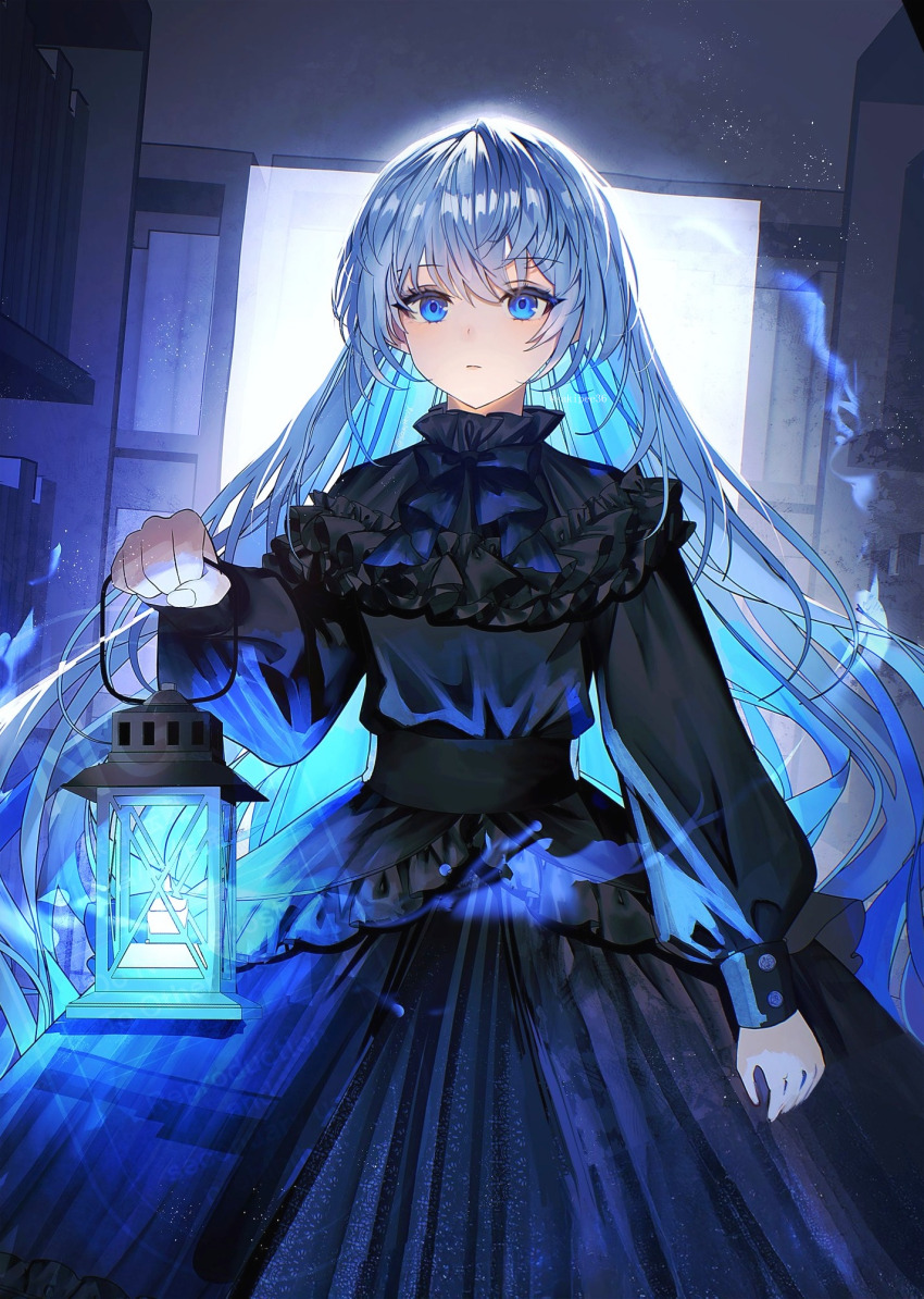 1girl black_dress blue_eyes bookshelf commentary_request dress frilled_dress frills grey_hair highres holding holding_lantern lantern long_hair long_sleeves looking_at_viewer original revision sakizaki_saki-p standing very_long_hair