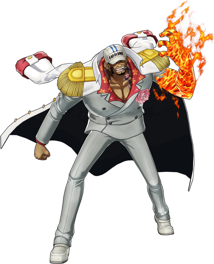 1boy 3d angry bandai_namco beard black_hair devil_fruit_power facial_hair formal_clothes full_body jacket jacket_on_shoulders military military_uniform official_art one_piece one_piece:_odyssey pants pectorals sakazuki_(one_piece) serious shaded_face short_hair simple_background solo standing suit