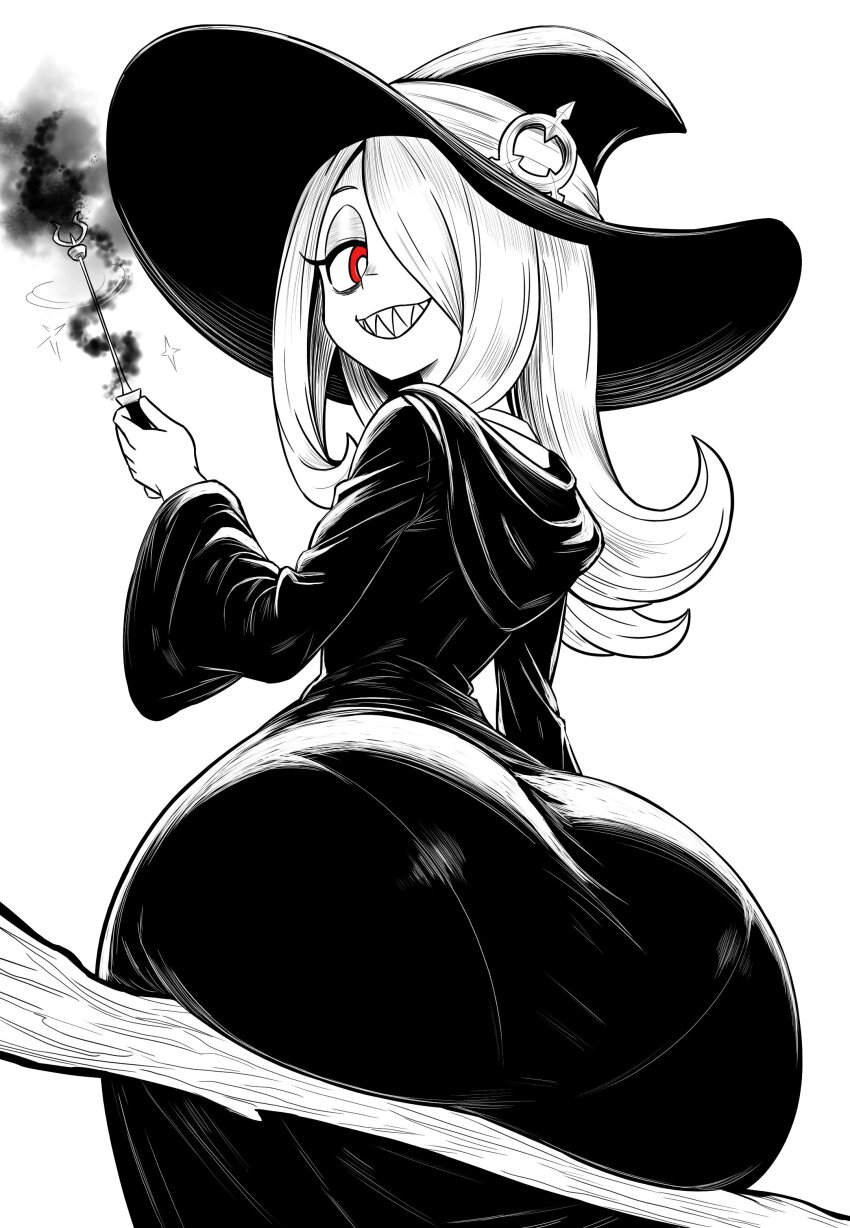1girl absurdres ass female_focus from_behind hair_over_one_eye hat highres hood huge_ass little_witch_academia long_hair looking_back lughost monochrome red_eyes sharp_teeth sitting solo sucy_manbavaran teeth wide_hips witch witch_hat