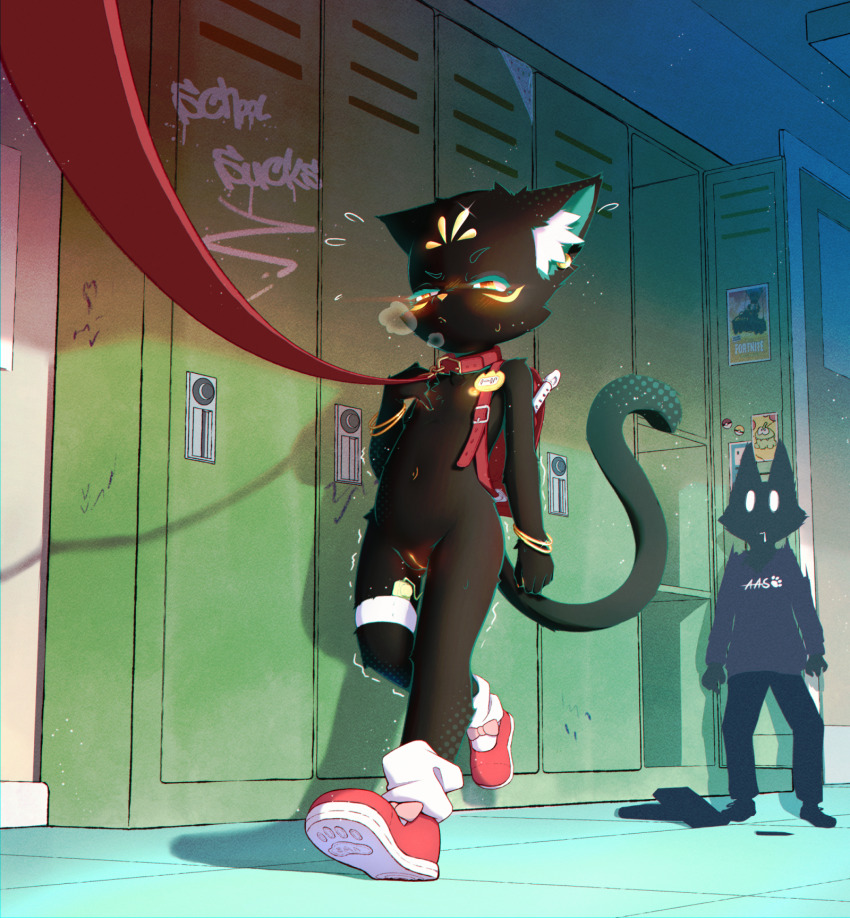 1girl 1other aas_(pixiv_3382255) animal_ear_fluff animal_ears animal_nose backpack bag bell_ear_ornament belt_collar black_fur blush body_fur bracelet breath closed_mouth collar commentary english_commentary facial_mark flat_chest flute forehead_mark furry furry_female graffiti half-closed_eyes hand_up highres indoors instrument jewelry leash locker loose_socks navel nipples nude original paw_print_soles public_indecency pussy randoseru recorder red_bag red_collar red_shoes remote_control_vibrator school school_bag sex_toy shoes signature socks sweat tail tail_raised thigh_strap trembling uncensored vibrator vibrator_in_thigh_strap walking white_socks ych_commission yellow_eyes