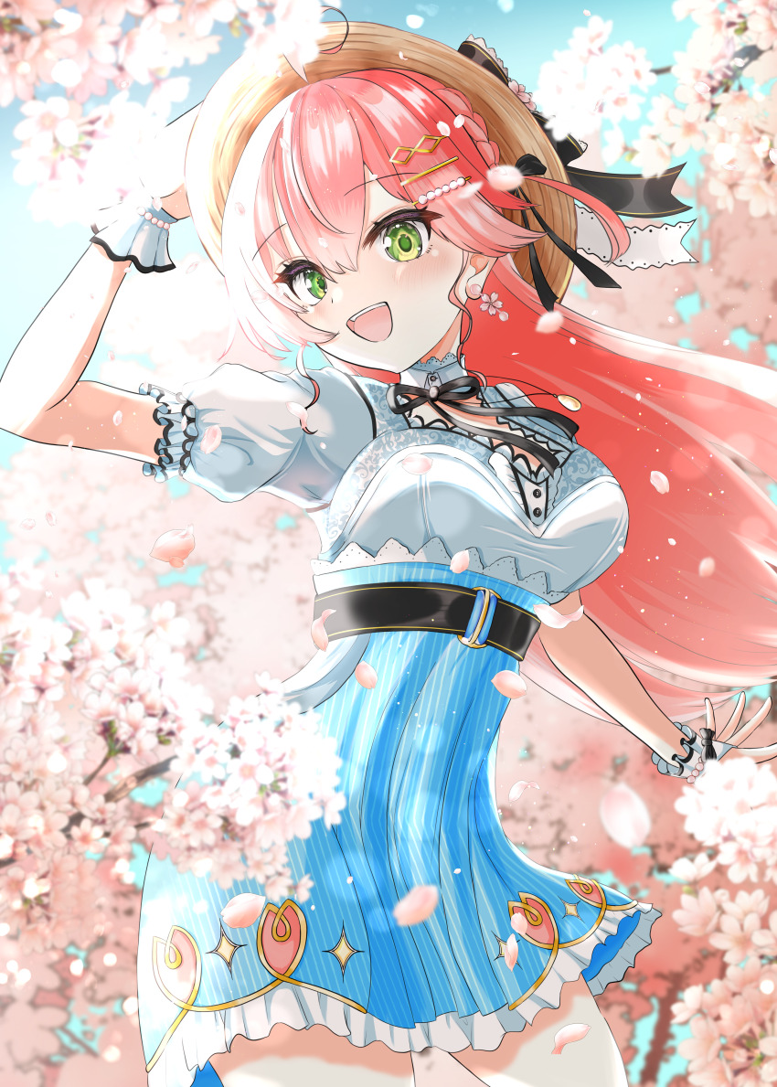 1girl absurdres ahoge blue_skirt blue_sky brown_hat cherry_blossoms cloud hair_ornament hairpin hat highres hololive inokeiwd looking_at_viewer official_alternate_costume open_mouth pink_hair sakura_miko sakura_miko_(street) shirt skirt sky smile solo virtual_youtuber white_shirt white_wrist_cuffs wrist_cuffs