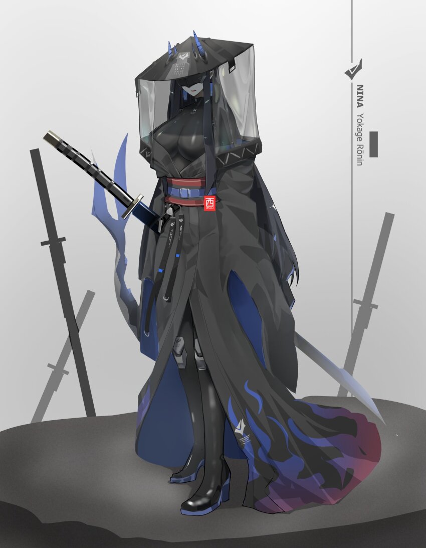1girl black_bodysuit black_boots black_hair black_hat black_kimono blindfold_mask bodysuit bodysuit_under_clothes boots breasts closed_mouth commentary covered_eyes english_commentary full_body grey_background hat headwear_request highres horns horns_through_headwear japanese_clothes kimono kimono_partially_removed large_breasts long_hair mask multiple_swords nina_katsuragi nishizuu original red_sash sash solo standing sword thigh_boots weapon