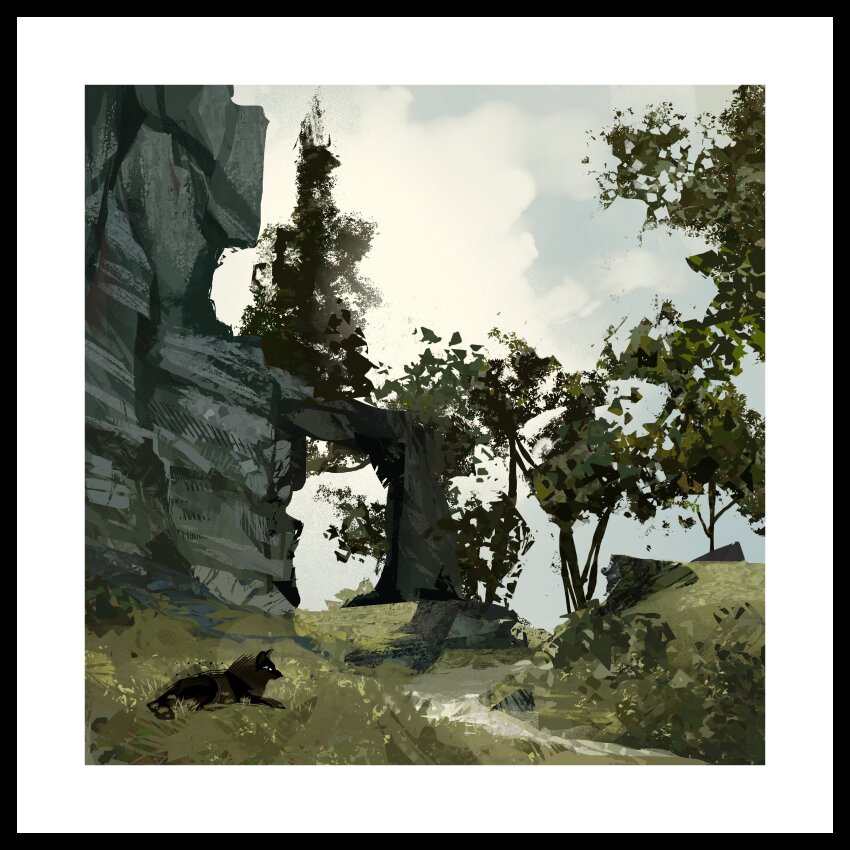 absurdres animal border cloud cloudy_sky commentary day dirt_road highres mountain nature no_humans original outdoors painterly path road scenery sky tree twulfs white_border