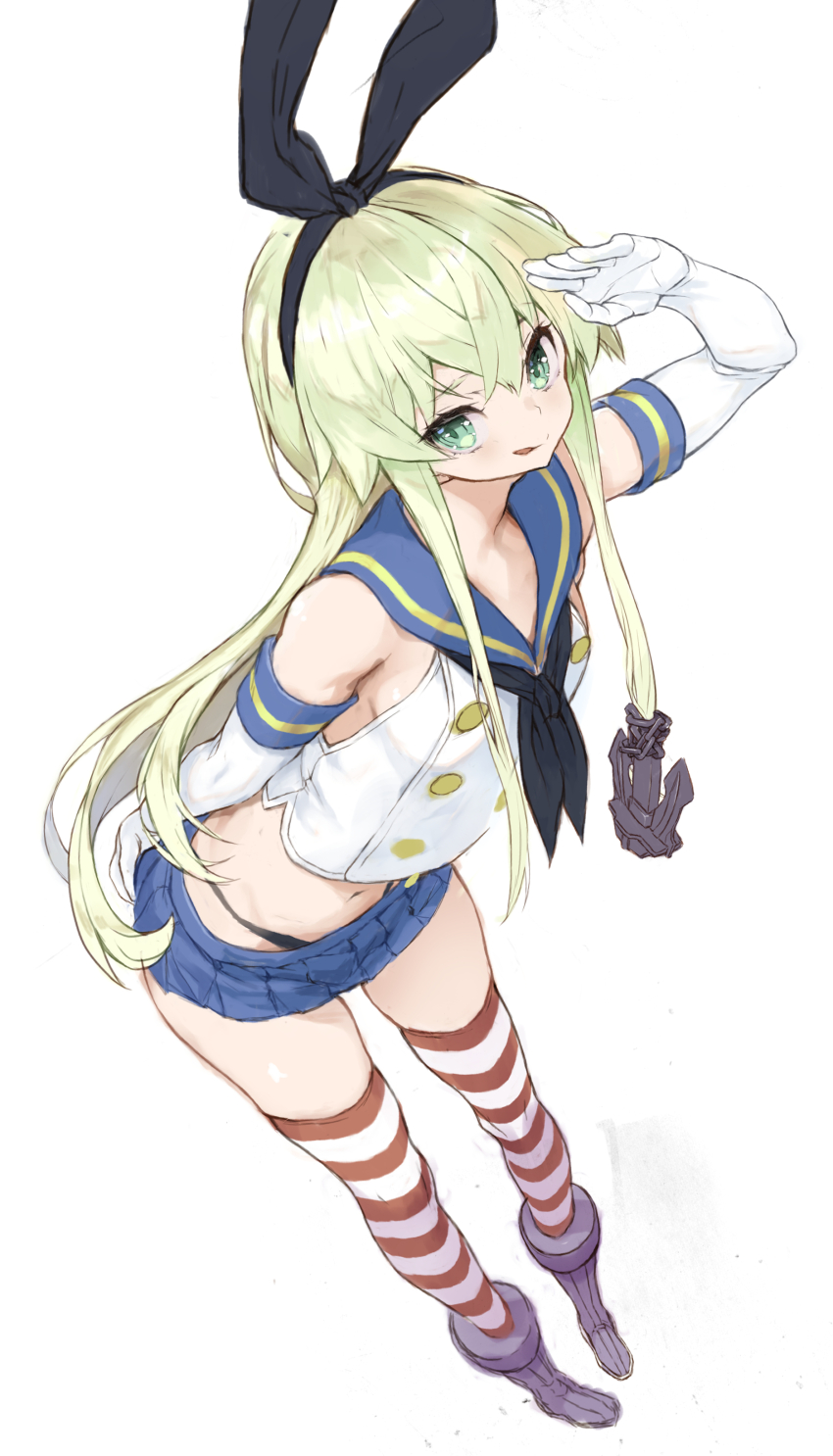 1girl :q absurdres anchor anchor_hair_ornament arm_behind_back bare_shoulders black_neckerchief black_panties blonde_hair blue_sailor_collar blush closed_mouth commentary_request elbow_gloves from_above gloves hair_ornament hairband highleg highleg_panties highres kantai_collection long_hair looking_at_viewer looking_up microskirt navel neckerchief panties ryo_(tg290) sailor_collar shimakaze_(kancolle) skirt solo standing striped_clothes striped_thighhighs thighhighs thong tongue tongue_out underwear white_gloves