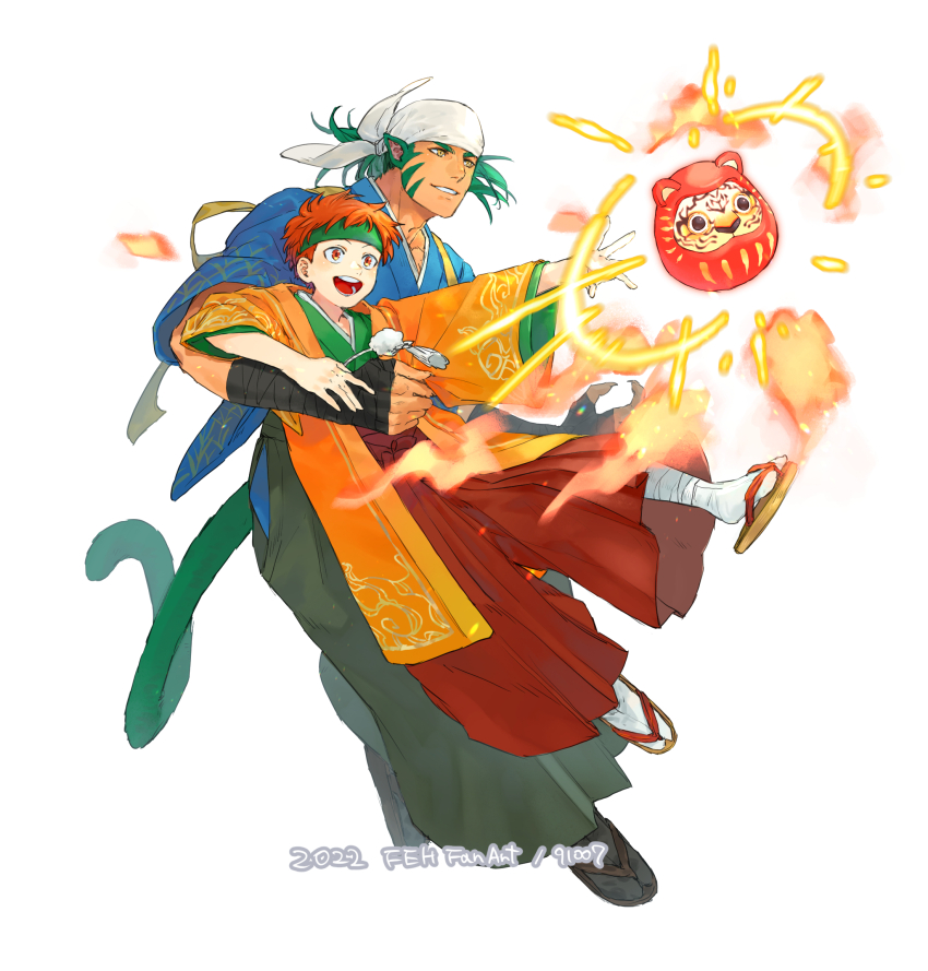 2boys 91007 alternate_costume animal_ears bandana commentary_request fire_emblem fire_emblem:_path_of_radiance fire_emblem_heroes green_fur green_hair green_headband headband highres japanese_clothes kimono muarim_(fire_emblem) multiple_boys nintendo orange_kimono red_eyes red_hair tiger_boy tiger_ears tiger_girl tormod_(fire_emblem) white_bandana