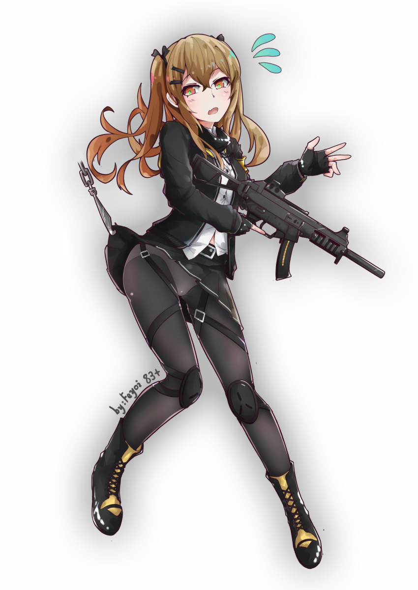 1girl ankle_boots bad_id bad_pixiv_id boots brown_hair clothes_lift fang female_focus feyoi fingerless_gloves girls'_frontline gloves gun h&amp;k_ump highres holding holding_weapon hook lace-up_boots open_mouth panties panties_under_pantyhose pantyhose skirt skirt_lift skirt_tug solo twintails ump9_(girls'_frontline) underwear weapon