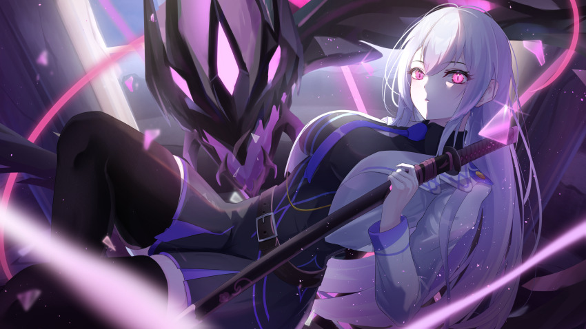 1girl absurdres anzusouda belt black_dress black_thighhighs breasts brown_belt collared_dress commentary_request creature cropped_jacket dress glint glowing hair_between_eyes highres holding holding_sword holding_weapon jacket katana large_breasts light_particles light_trail long_hair long_sleeves looking_at_viewer original outdoors parted_lips pink_eyes purple_trim shards solo sword thighhighs thighs very_long_hair weapon white_hair white_jacket