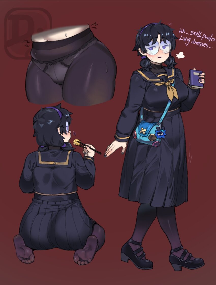 1girl bag black_hair black_nails black_pantyhose black_shoes black_skirt blue_bag blush book breasts chopsticks commentary difman eating english_commentary english_text glasses handbag highres holding holding_book holding_chopsticks large_breasts long_skirt long_sleeves looking_at_viewer low_twintails luna_(difman) navel original panties panties_under_pantyhose pantyhose parted_lips pleated_skirt purple_eyes red_background round_eyewear shoes short_hair short_twintails simple_background sitting skirt solo sweat twintails underwear wariza white_panties