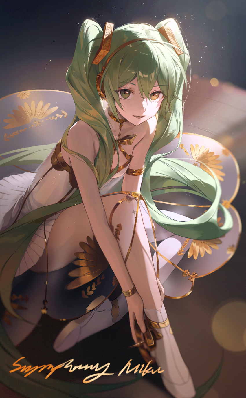 1girl absurdly_long_hair absurdres alohayuja ankle_socks anklet armlet backlighting bare_arms blurry bokeh bracelet breasts character_name choker collarbone commentary depth_of_field dress flats full_body glint gold_anklet gold_armlet gold_bracelet gold_choker gold_headwear gold_ribbon gold_trim gramophone_miku green_eyes green_hair hair_between_eyes hair_over_shoulder hands_on_own_leg hatsune_miku headphones highres jewelry knee_up leaning_forward light_particles light_smile long_hair looking_at_viewer looking_up miku_symphony_(vocaloid) neck_ribbon on_floor parted_lips pleated_dress ribbon see-through_clothes see-through_dress shoes short_dress sidelocks single_bare_leg single_thighhigh sitting small_breasts socks solo stage strapless strapless_dress thighhighs twintails v_arms very_long_hair vocaloid wavy_hair white_dress white_shoes white_socks white_thighhighs