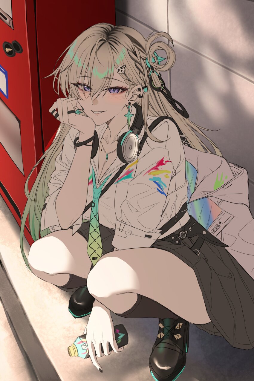1girl absurdres aqua_necktie black_nails black_shoes black_skirt black_socks blonde_hair blue_eyes braid braided_bangs collarbone commentary fingernails hair_between_eyes hair_ornament hand_up headphones headphones_around_neck highres holding jacket jewelry long_hair looking_at_viewer lynae_(wuthering_waves) multicolored_hair nail_polish necklace necktie nompang parted_lips shirt shoes skirt skull_hair_ornament smile socks solo squatting streaked_hair unfinished white_jacket white_shirt wuthering_waves